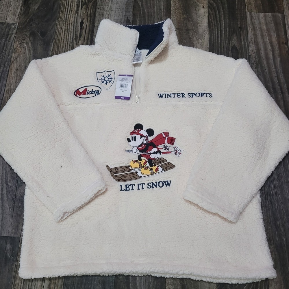 Disney Mickey Mouse White Sherpa Pullover Size XXL Let It Snow Winter Ski Womens